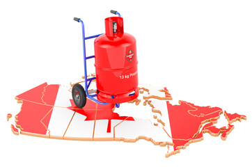 Canadian map with propane gas cylinder on hand truck. Gas Delivery Service in Canada, concept. 3D rendering