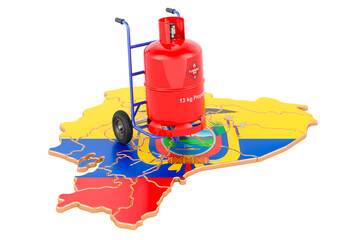 Ecuadorian map with propane gas cylinder on hand truck. Gas Delivery Service in Ecuador, concept. 3D rendering