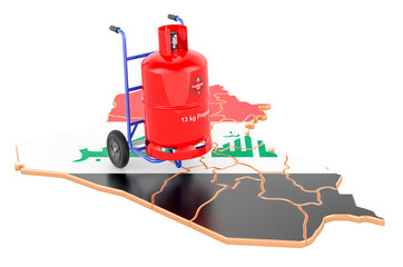 Iraqi map with propane gas cylinder on hand truck. Gas Delivery Service in Iraq, concept. 3D rendering