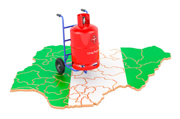 Nigerian map with propane gas cylinder on hand truck. Gas Delivery Service in Nigeria, concept. 3D rendering