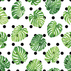 Fototapeta na wymiar Seamless pattern with monstera leaves in realistic style. Exotic plants. Vector botanical illustration. Foliage background for wallpaper, textile, wrapping paper and greeting card.