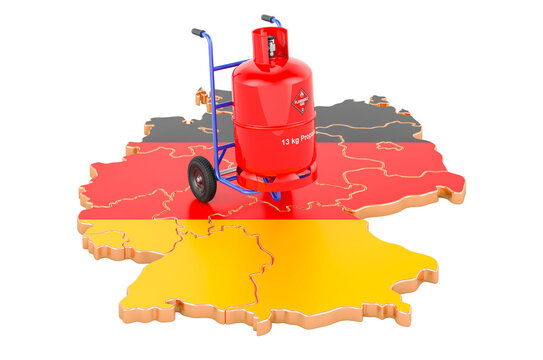 German map with propane gas cylinder on hand truck. Gas Delivery Service in Germany, concept. 3D rendering