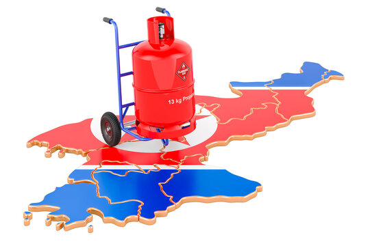 North Korean map with propane gas cylinder on hand truck. Gas Delivery Service in North Korea, concept. 3D rendering