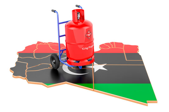 Libyan map with propane gas cylinder on hand truck. Gas Delivery Service in Libya, concept. 3D rendering