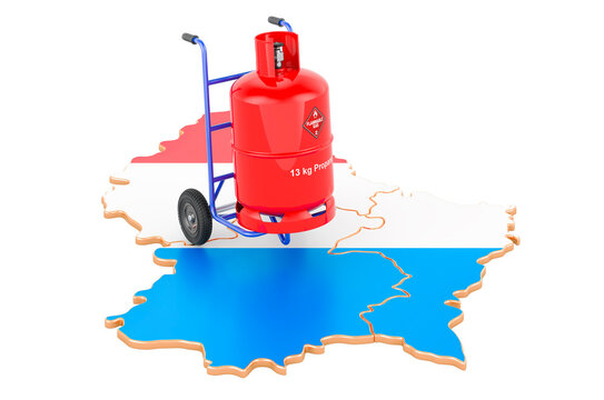 Luxembourgish map with propane gas cylinder on hand truck. Gas Delivery Service in Luxembourg, concept. 3D rendering