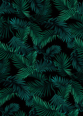 Naklejka na ściany i meble Vintage seamless pattern with tropical palm leaves. Exotic plants in realistic style. Foliage design on a black background. Vector botanical illustration. 