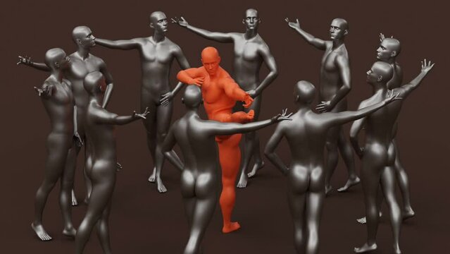 Modern minimal trendy surreal 3d render illustration, posing attractive mannequin model, human young character statue, kung fu fighter, karate kick leg, attack practice, aikido posture, strong master