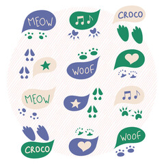 A collection of animal tracks and sounds. Symbols of heart and star. Doodle style. Vector illustration