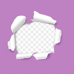 Torn ripped violet background with hole in center for advertising or promotion content. Realistic vector illustration with blank space. Breakthrough concept - obrazy, fototapety, plakaty