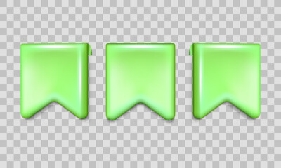 Three dimensional glossy green bookmarks isolated on transparent background. 3d vertical ribbon tags in different positions with highlights and shadow. Vector label icons for design