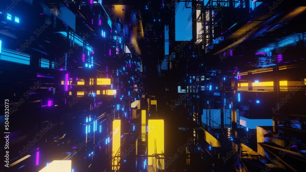 Poster abstract neon tunnel. hi-tech neon sci-fi tunel. trendy neon glow lines form pattern and constructio