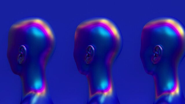 Futuristic head portrait with holographic gradient texture, artificial intelligence and digital technology concept, close up face cyborg, iridescent neon light 3d render illustration