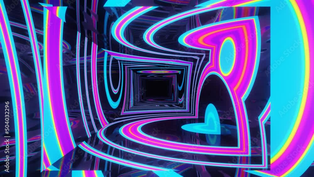 Poster multicolor pattern. 4k seamless looped animation. fly through mirror tunnel with neon pattern, glow 