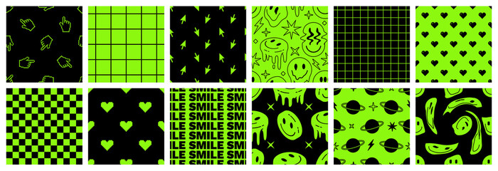 Rave psychedelic acid seamless pattern set. Trippy background with smile sticker in trendy 90s style.