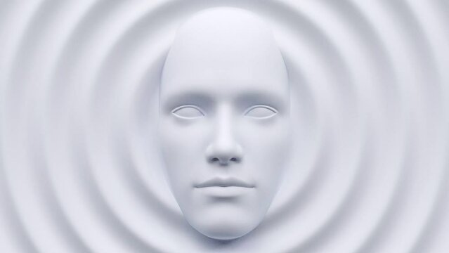 Futuristic head portrait with ripple surface, artificial intelligence and digital technology concept, close up face robot, pretty attractive young person, white light 3d render illustration