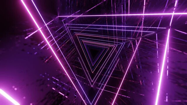 triangular neon tunnel. Fly through mirror tunnel with neon pattern, glow lines form sci fi pattern. Bright reflection neon light. Simple bright background, sci fi structure. 4k looped animation.
