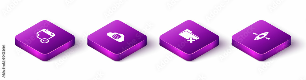 Poster set isometric calendar with check mark, cloud database, delete folder and kayak and paddle icon. vec