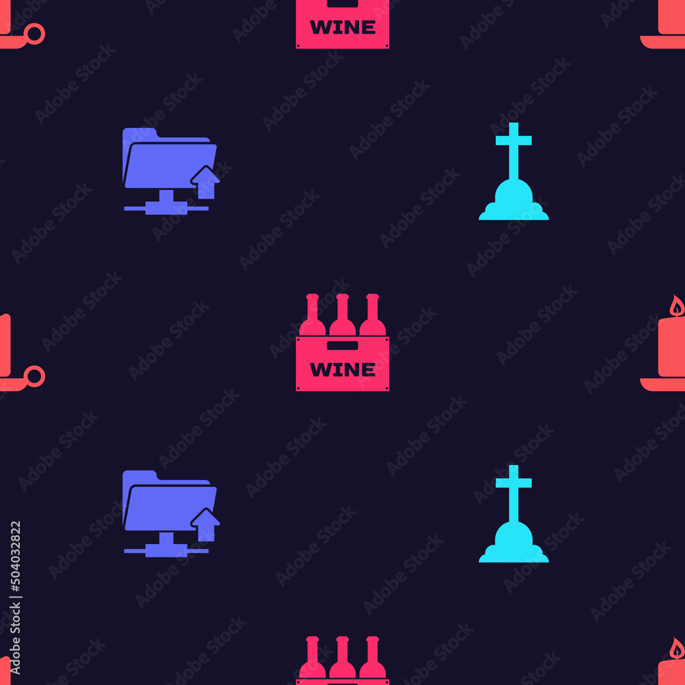 Poster set tombstone with cross, ftp folder upload, bottles of wine in box and burning candle candlestick o