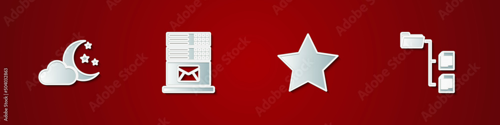 Poster set cloud with moon and stars, mail server, star and folder tree icon. vector