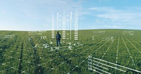 Caucasian bearded farmer in casual clothes and cap using holograms with digital tablet on green field. Concept of people, futuristic technology and augmented reality. - Powered by Adobe