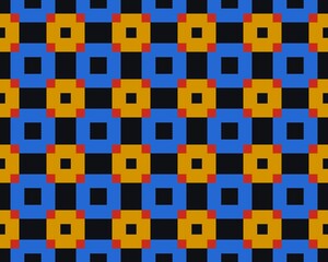 Illustration of a seamless yellow and blue square tile pattern on a black background