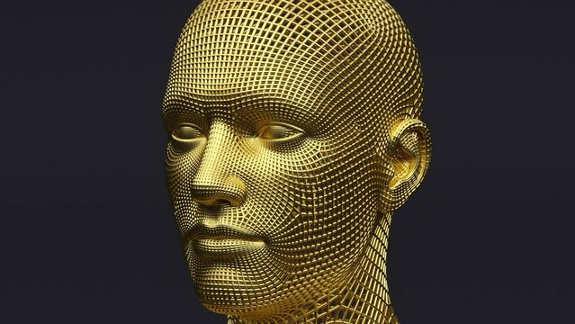 Human face mesh, futuristic cyber metal head, digital technology, smart machine concept, artificial intelligence, 3d render illustration, gold shiny model