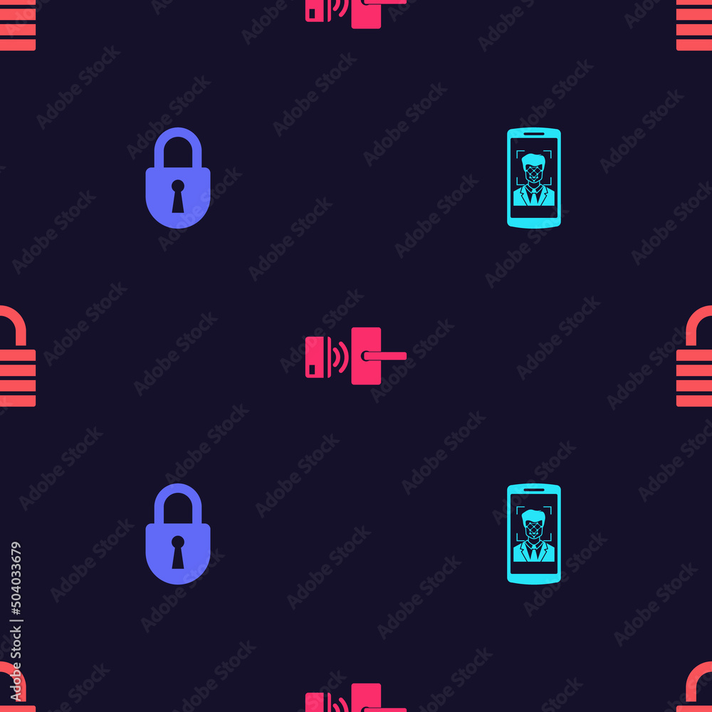 Poster set mobile and face recognition, lock, digital door lock with wireless and on seamless pattern. vect
