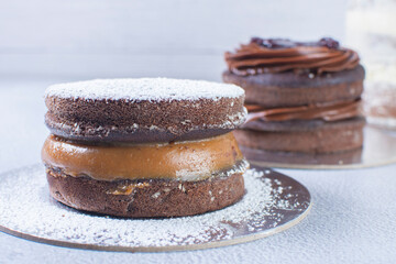 Variety of cakes, chocolate, vanilla flavors on gray background