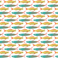 Vector childish seamless repeating simple flat pattern with hand drawn fishes. Childish texture for fabric, wallpaper, textile, apparel. Sea. Ocean. Fishes pattern. Aquarium