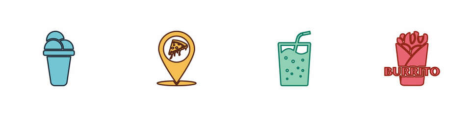Set Ice cream, Location with slice pizza, Glass water and Burrito icon. Vector