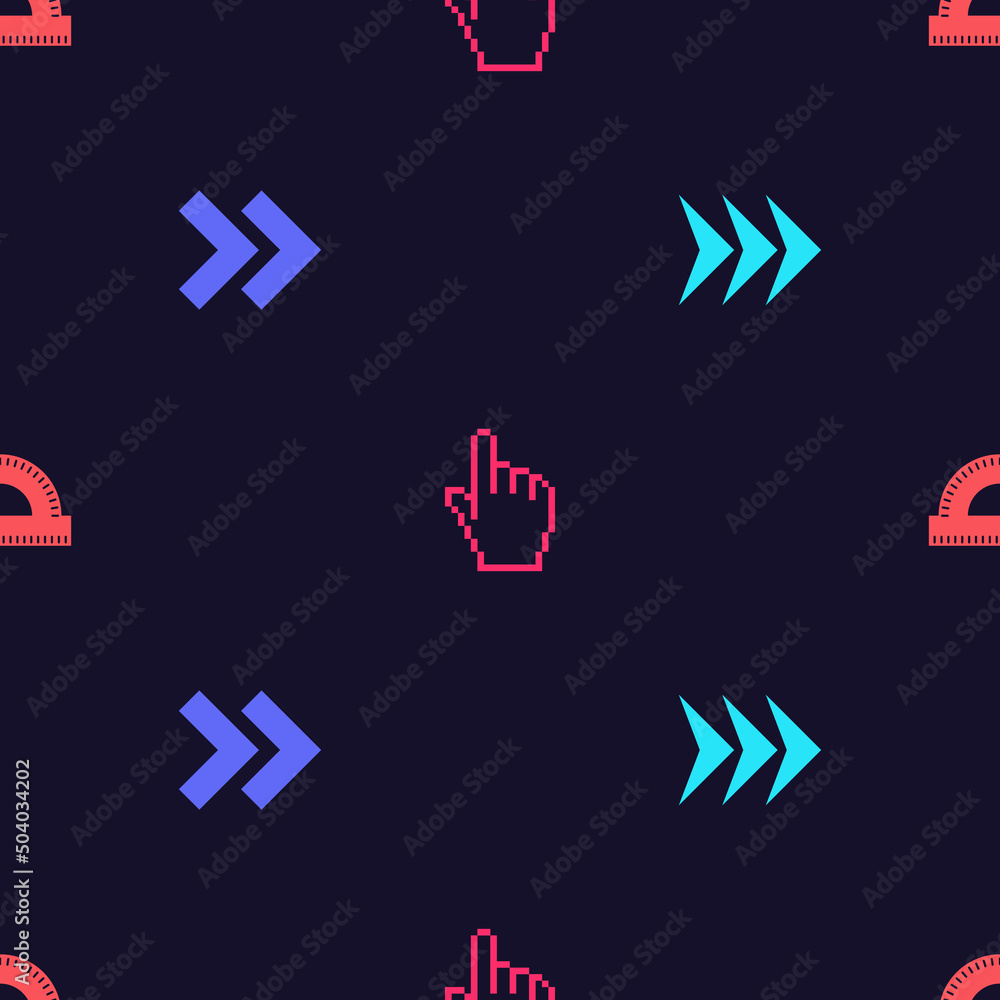 Poster set arrow, , pixel hand cursor and protractor grid on seamless pattern. vector