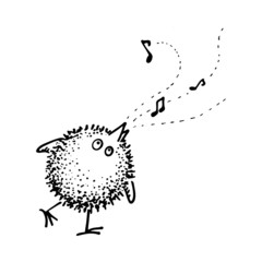 Fluffy round chicken sings and notes fly out of his beak along dotted paths