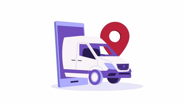Delivery truck or van and smartphone animation. Online shopping, order, parcel or food express delivery service concept. transport logistics, courier, map pin. Animated stock video, cartoon style