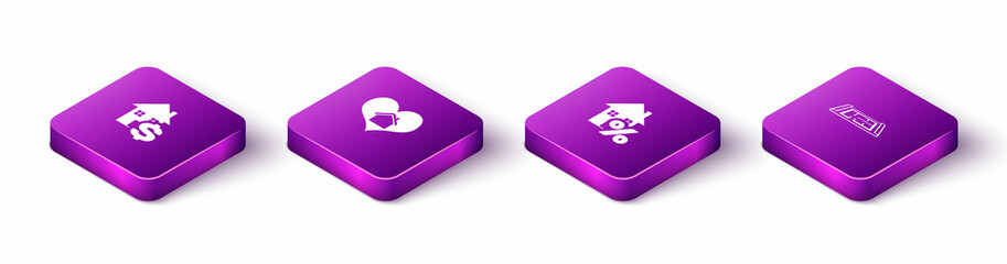 Set Isometric House with dollar, heart shape, percant and plan icon. Vector