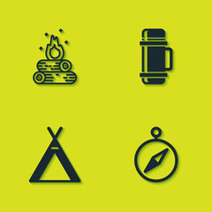 Set Campfire, Compass, Tourist tent and Thermos container icon. Vector