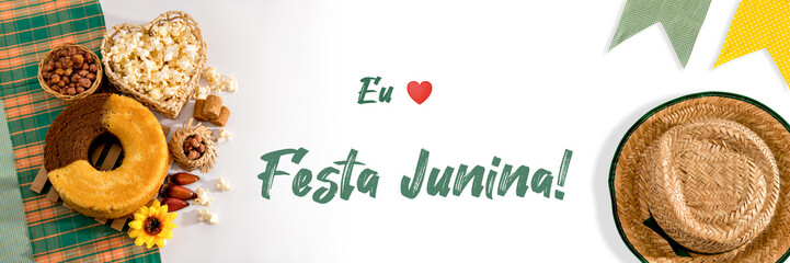 Brazilian june party background. Written in Portuguese (I love Festa Junina) - obrazy, fototapety, plakaty