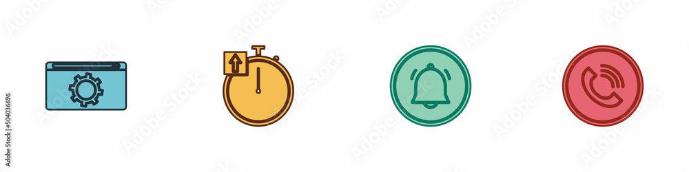 Poster set setting, stopwatch, button chat notification and phone call icon. vector