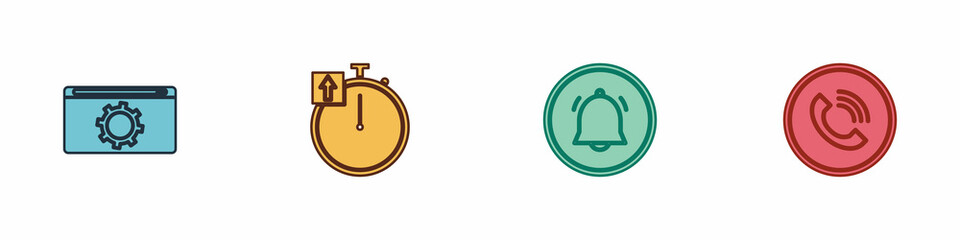 Set Setting, Stopwatch, Button chat notification and Phone call icon. Vector