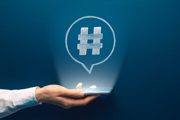 Hashtag logo symbol in social media notification icon. Web network media tag, marketing trend speech bubble, blogging blog site strategy concept
