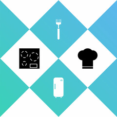 Set Electric stove, Refrigerator, Fork and Chef hat icon. Vector