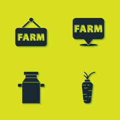Set Signboard with text Farm, Carrot, Can container for milk and Location farm icon. Vector