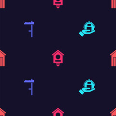 Set Farm house in hand, Scythe, Bird and Wooden outdoor toilet on seamless pattern. Vector
