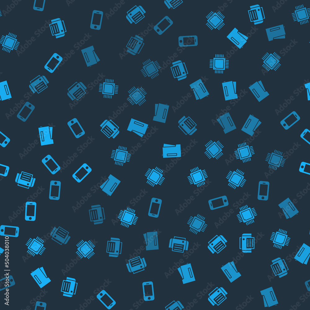 Poster set printer, processor with microcircuits cpu, and smartphone on seamless pattern. vector