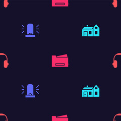 Set House, Flasher siren, Printer and Headphones on seamless pattern. Vector