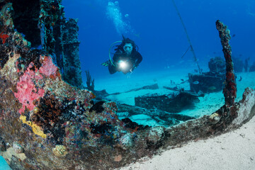 Diver on the  Bridge divesite off the Dutch Caribbean island of Sint Maarten