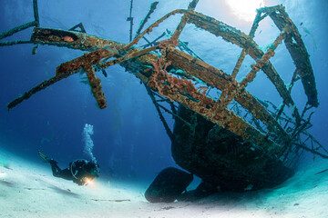 Diver on the  Bridge divesite off the Dutch Caribbean island of Sint Maarten