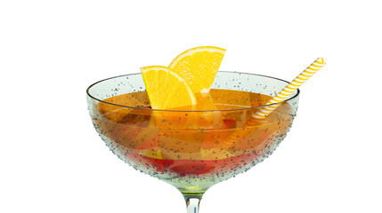 Cocktail glass covered with drops and orange slices, close-up. Three-layer cocktail, 3d render, isolated on a white background.