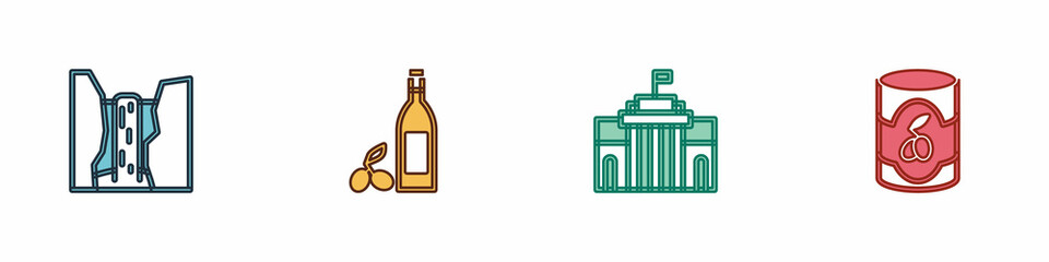 Set Algar waterfall, Bottle of olive oil, Prado museum and Olives in can icon. Vector