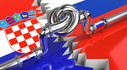 Fuel/ gas pipeline with a knot, flags of Croatia and Russia - 3D illustration