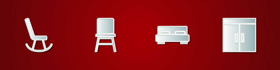 Set Armchair, Chair, Big bed and Wardrobe icon. Vector